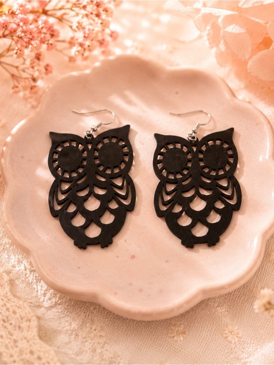 Jewelry - Black Owl Cutout Dangle Earrings - Women Jewelry